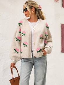 Vivid Eden Lässiger Damen-Cardigan mit Blumenmuster, Vorderknopf, heruntergelassene Schulter, Button-Up-Strickjacke, Blumen-Cardigan, Button-Up-Cardigan, Herbst-Damenkleidung