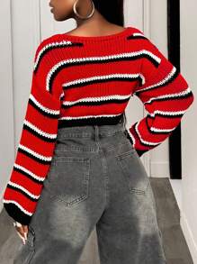 BamGleam Suéter de punto para mujer, casual de uso diario, con rayas de contraste y bajo asimétrico, suéter de punto para otoño e invierno - Rojo y blanco - Ver 2