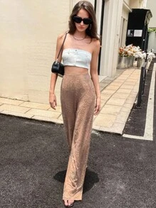 Chiquease Pantalones elegantes de vacaciones bohemios de malla con cuentas y de alta elasticidad para mujer - Marrón - Ver 5