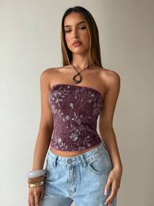 Aloruh 女士性感酒红色刺绣亮片露肩短款上衣，派对装 - 酒紅色 - 查看 2