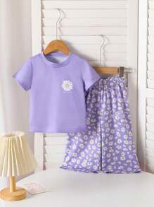 SHEIN 2pcs Baby Girls Toddler Newborn 0-3 Years Old Spring/Summer Casual Home Cute Daisy Graphic Short Sleeve T-Shirt And Pant Sets - Purple - View 6