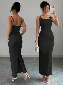 Elenzga 女士无袖蝴蝶结腰身修身优雅浪漫连衣裙