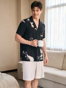 SHEIN White Bird Floral Print Lapel Cardigan & Solid Color Shorts Men Pajama Set Couple Pjs - Multicolor - View 5