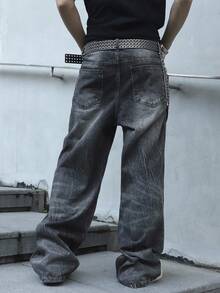 Manfinity EMRG Męskie jeansy retro z haftem w kolorze czarnym, luźne, z szerokimi nogawkami