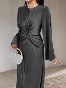 Veilorie 1pc Women's Casual Arabian Modest Long Sleeve Dress, Minimalist Fashion For Daily Wear Long Evening Dresses