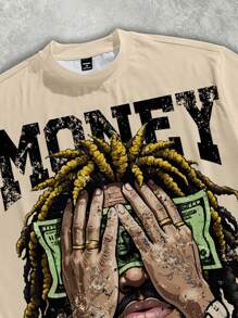 Manfinity EMRG 男士休闲街头风格字母与肖像图案宽松 T 恤，夏季 - 卡其色 - 查看 2