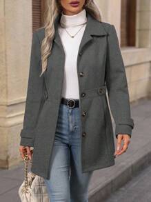 EMERY ROSE Áo khoác len đơn hàng khuy thường ngày dành cho nữ, Thu/Đông - Màu xám đen - Xem 5