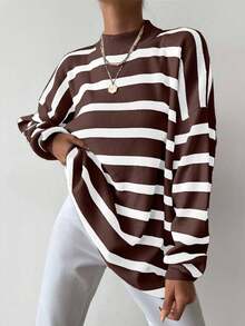 EURMUSE Áo len cổ tròn trễ vai họa tiết sọc đơn giản, dáng rộng dành cho nữ, mùa thu - màu nâu - Xem 6