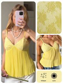 CovetEZ Women's Beach Seaside Sweet Clean Girl Cream Yellow Pure Sequins Sequins Splicing Lace Chiffon Pleated Cami Top, Fashionable And Comfortable Summer Babydoll Top, Going Out