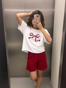Set da due pezzi per ragazze pre-adolescenti, composto da top a maniche corte con stampa a fiocco in jacquard avorio e pantaloncini a righe in maglia, adatto per il ritorno a scuola - Multicolore - Visualizzare 3