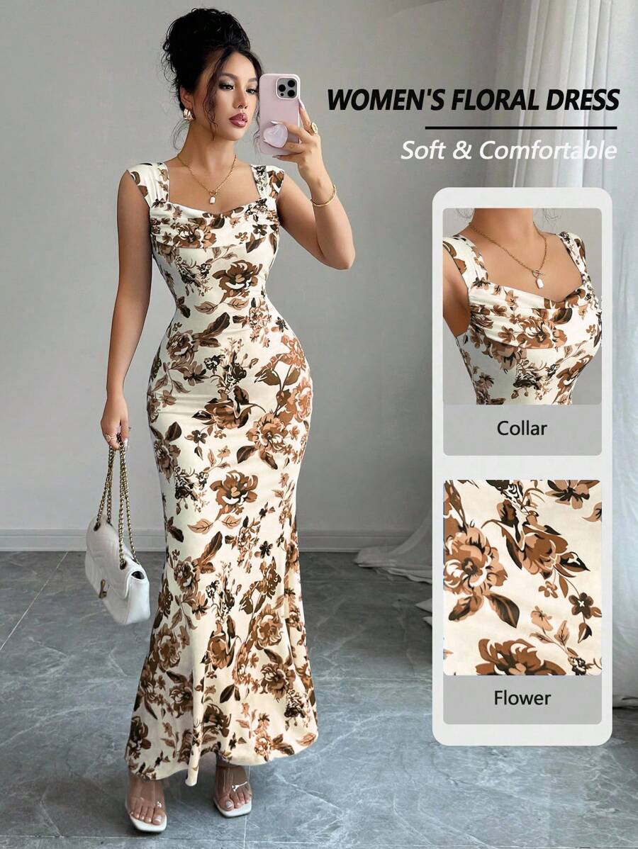 Elenzga 女士优雅夏日度假的无袖长裙 - 棕色 - 查看 1