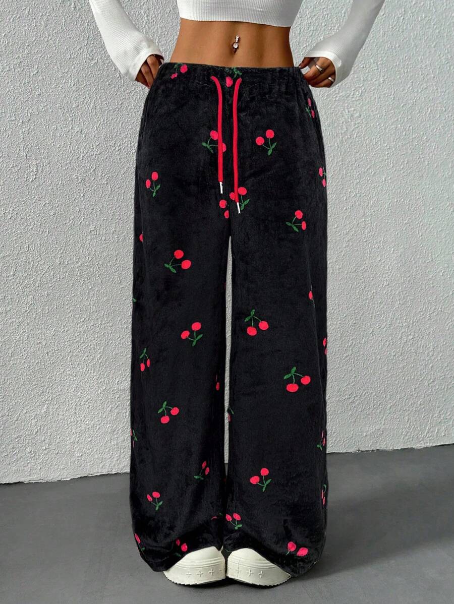 SHEIN EZwear Quần ống rộng buộc dây phía trước họa tiết quả anh đào đen cho nữ - màu đen - Xem 1