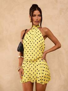 SHEIN BAE 棕色波尔卡圆点露背迷你不对称下摆性感紧身连衣裙，适合音乐节、度假 - 黃色 - 查看 4