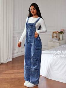 SHEIN ICON 女式宽松休闲牛仔连体裤，带多个口袋，女式牛仔工装裤