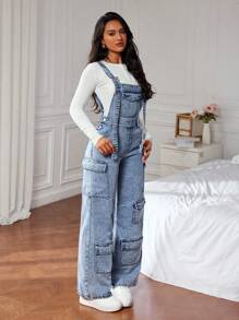 SHEIN ICON Women's Multi-Pocket Wide Leg Casual Denim Jumpsuit - Light Wash - View 7