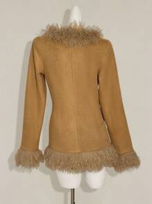 SHEIN ICON Y2k 秋季西部波西米亚风外出卡其色女式时尚复古人造毛皮拼布夹克女式棕色人造毛皮大衣女式棕色夹克女式秋季大衣女式棕色大衣女式秋季夹克 - 卡其色 - 查看 2