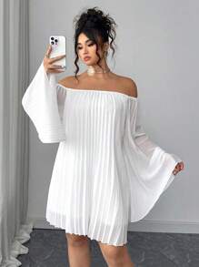 Elenzga 大码女式褶皱露肩宽松直筒连衣裙，休闲简约优雅，适合日常穿着，浪漫度假