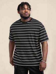 EASEVO Plus Size Men's Summer Casual Black & White Striped Plain Round Neck T-Shirt