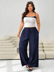 SHEIN EZwear Plus Size Casual Solid Color Straight Leg Pants,Fall Clothes For Women - Navy Blue - View 7