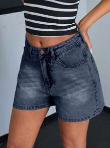 EURMUSE WOMEN HIGH WAIST MINI SHORT LIGHT BLUE WASH CASUAL STREET WEAR - Dark Wash - View 1