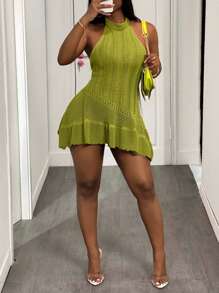 Váy len ngắn màu xanh lá cây hở lưng không tay, hở lưng, viền bất đối xứng, cỡ lớn, mùa xuân/hè 2025 mới - Màu xanh Ô liu - Xem 6