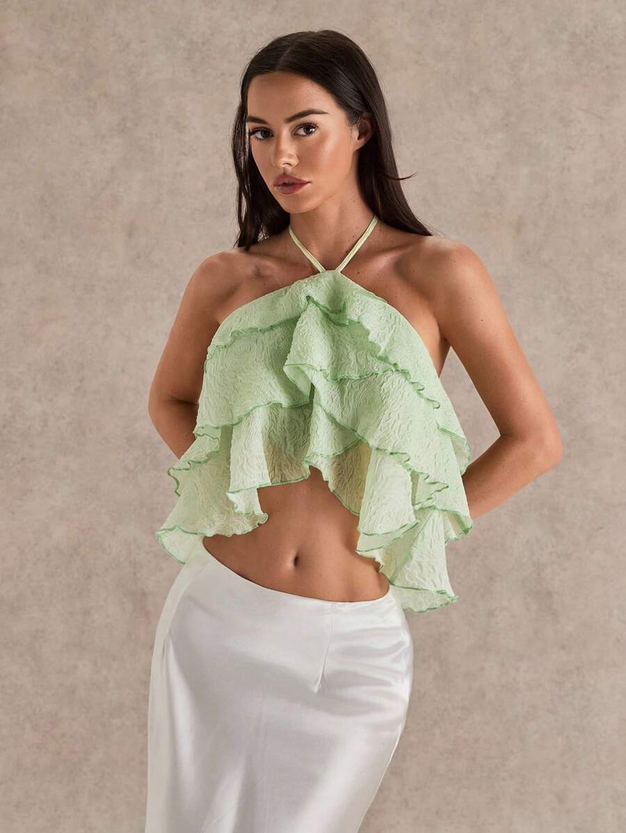 Glamine Women's Woven Embossed Green Multi-Layered Suspender Fashion Sexy Casual Summer Ruffled Top Suspender Top Resort Wear - Green - View 1
