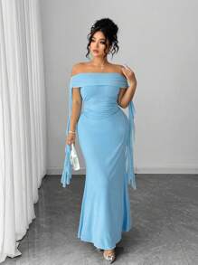 Elenzga Đầm bodycon một vai cỡ lớn với thiết kế xếp nếp, thanh lịch và quyến rũ - Màu xanh nhạt - Xem 4