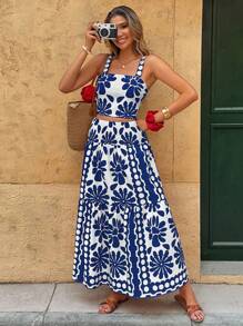 Breezaya 2pcs/Set Red Floral Print Vacation Casual Outfit, Tank Top & Maxi Skirt - Blue and White - View 4