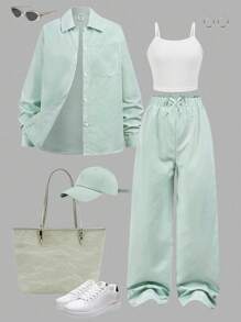 SHEIN Tween 女童三件套，街头酷炫条纹长袖衬衫、裤子和吊带背心，非常适合春季和秋季 - 綠色 - 查看 5