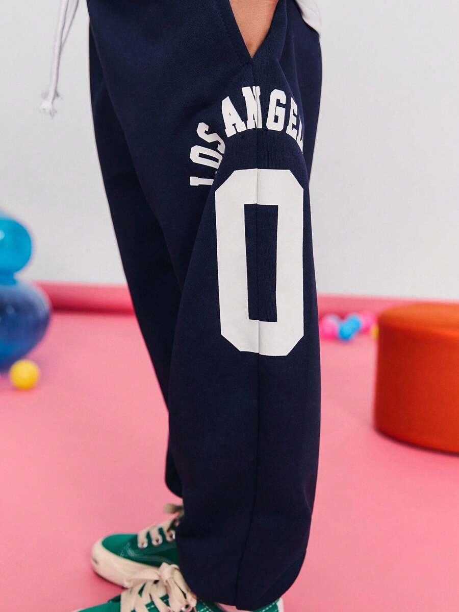 SHEIN 男童休闲舒适中腰侧边图案印花长款运动裤 - 藏蓝色 - 查看 1