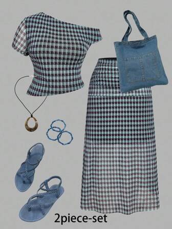 SHEIN MOD 大码格子图案不对称下摆上衣和褶饰长裙两件套