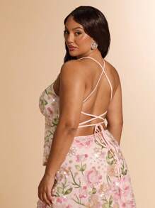 SHEIN BAE Áo hai dây jacquard họa tiết màu hồng cỡ lớn cho nữ, áo buộc dây phía trước hở lưng, áo dự tiệc cưới mùa hè - Hồng - Xem 5