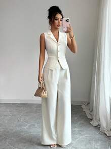 SHEIN Raffinéa 时尚百搭通勤无袖背心夹克上衣，收腰开衩设计，高腰直筒裤，米色女式两件套西装，优雅的春秋季商务休闲装 - 杏色 - 查看 5