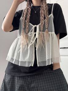 FRIFUL 女士系带网纱修身吊带背心，正面系带褶皱下摆，夏季 - 米色 - 查看 1