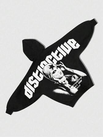 Street Life Hoodie da uomo con lettera grafica e figura, a forma di batwing, adatto per l'uso quotidiano, primavera/sommer