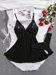 Seduluxe 2pcs/Set Plus Size Lace Panel Ruffled Hem Spaghetti Strap Nightgown And Triangle Panties Set, Sexy Lingerie (Valentine'S Day Edition)