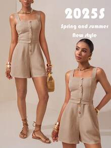 Zivah 2026 Summer New Music Festival, Easter, Mother's Day, Wedding Season, Attend Wedding, Birthday Party, Daily Casual, Basic Versatile, Leisure, Cruise Travel, Beach, Sunbathing, Viral , Street Style, Elegant, Commute, Business Casual, Bamboo Node, Linen, Drawstring, Button Front, Pockets, Brick Red Women Jumpsuit