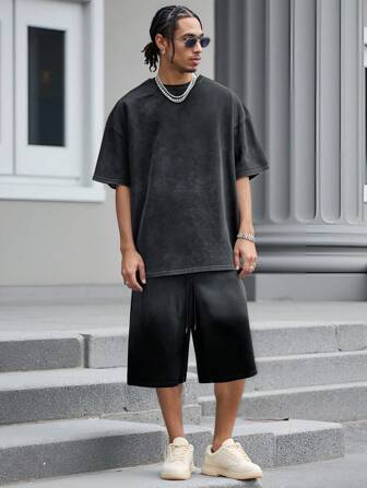 Street Life Conjunto de camiseta de cuello redondo de unicolor de manga corta y pantalón corto con bolsillo para hombre