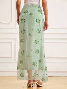 BELROSIE Falda de cintura con bordado de flor de perla transparente, adecuada para vacaciones en la isla, luna de miel, graduación, boda de verano, playa, graduaciones - Verde - Ver 2