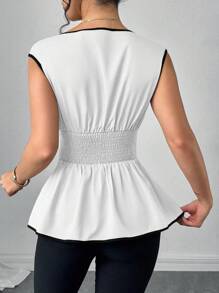 SHEIN Clasi 女士优雅撞色边不对称衬衫，夏季 - 白色 - 查看 2