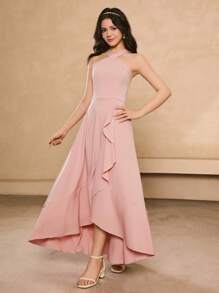 Teenage Ruffled Asymmetrical Hem Dress, Suitable For Parties, Banquets, Hosting Events, Summer Criss-Cross Backless Dress - Pink - View 1