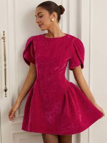 BELROSIE Tulip Design Princess Style Short Sleeve Round Neck Hem Spliced A-Line Mini Dress For Women - Hot Pink - View 5