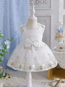 女婴优雅白色纹理面料上衣拼接 3D 蝴蝶结网眼荷叶边下摆蝴蝶结吊带连衣裙，夏季 - 白色 - 查看 8