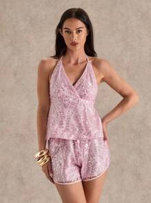 Glamine 夏季性感露背亮片吊带背心，约会度假必备，粉色亮片上衣，亮片吊带上衣，粉色夜店风，3D立体花卉亮片刺绣面料，海滩风，海滩周末，轻松惬意，欧式夏季，细肩带上衣，派对必备，度假必备，时尚之选 - 粉色 - 查看 6