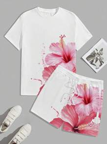 Manfinity Homme Bộ áo phông và quần short họa tiết hoa thời trang dành cho nam, phong cách mùa hè, thích hợp cho các buổi đi chơi, trang phục cặp đôi, trang phục ấm áp - trắng - Xem 3