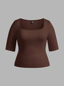 SHEIN BASICS 3件套休闲纯色针织方领短袖修身大码T恤，女士假日/夏季 - 彩色 - 查看 7