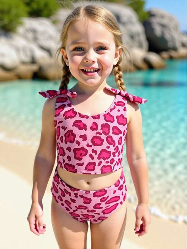 Traje de baño con estampado de leopardo y decoración de lazo para niña, para vacaciones de verano