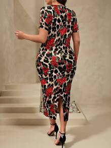 Chikora Plus Size Summer Elegant Leopard Print Rose Flower Pattern Valentine's Day Dress - Multicolor - View 2