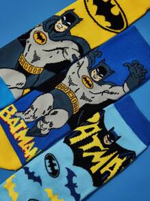 BATMAN X SHEIN 3 双棉质柔软透气吸湿排汗男童中筒袜蓝色可爱卡通中筒袜加固脚趾和脚跟，经久耐用，四季百搭，适合学校和户外穿着 - 彩色 - 查看 4