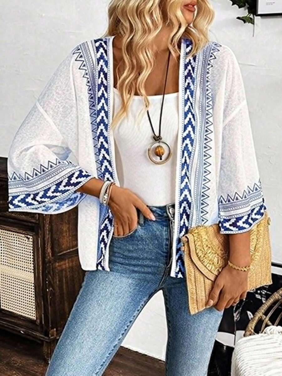 LanaWest Veste décontractée à manches longues pour femmes, style minimaliste convenant pour l'été - Bleu et Blanc - Voir 1